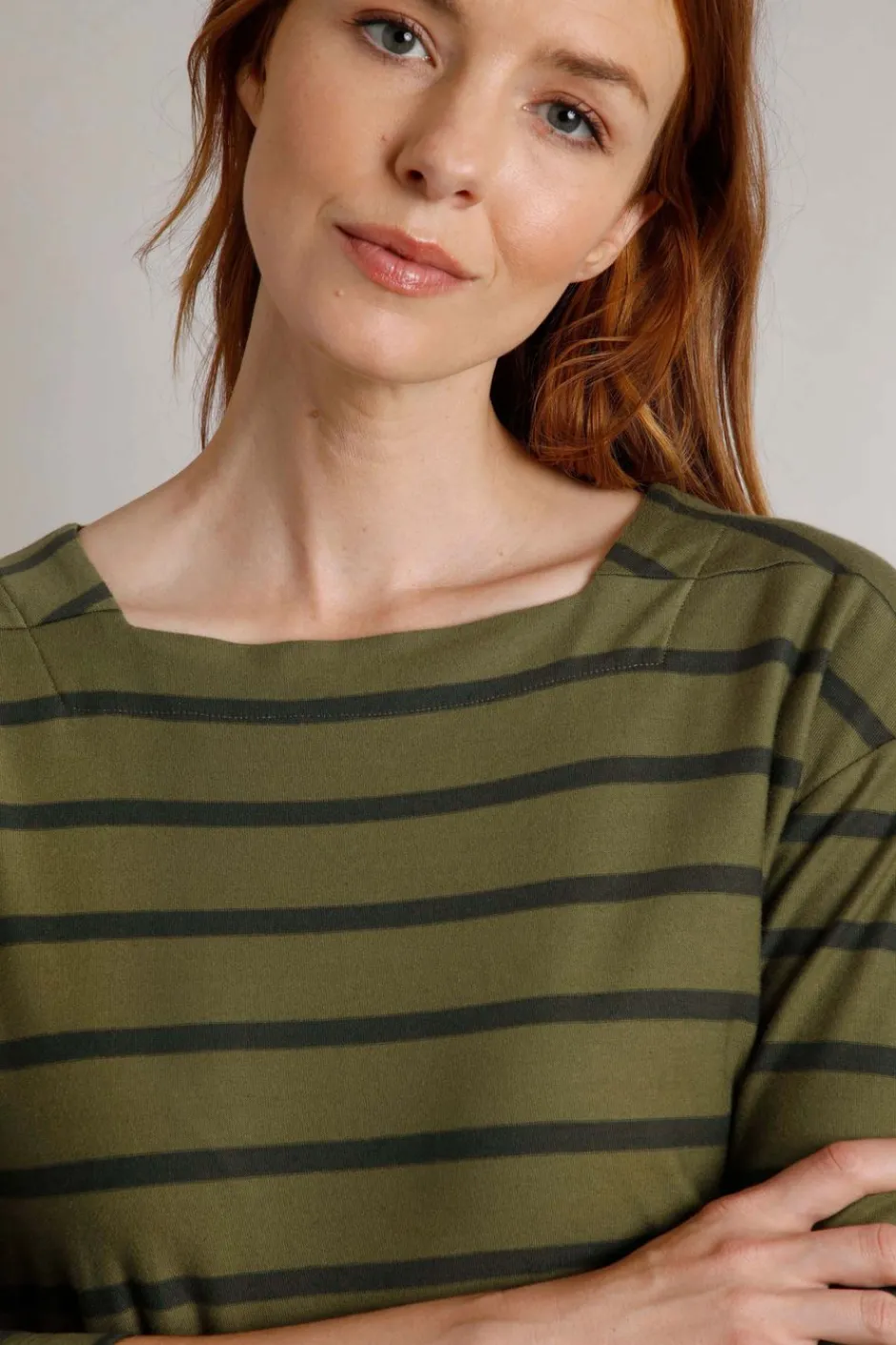 Weird Fish Tunics|Tops & T-Shirts|Rommie Organic Cotton Square Neck Stripe T-Shirt Olive Green