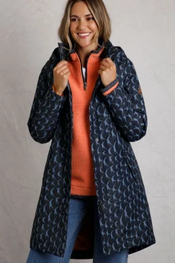 Weird Fish Coats, Jackets And Gilets|Sena Recycled Bird Print Waterproof Coat Dark Navy