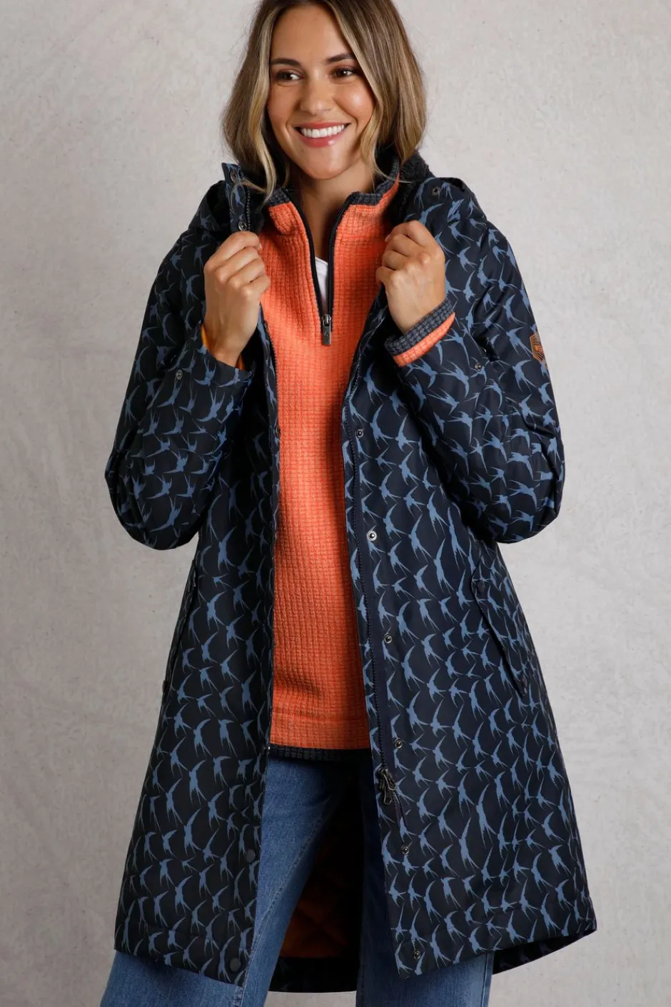 Weird Fish Coats, Jackets And Gilets|Sena Recycled Bird Print Waterproof Coat Dark Navy