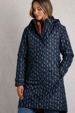 Weird Fish Coats, Jackets And Gilets|Sena Recycled Bird Print Waterproof Coat Dark Navy