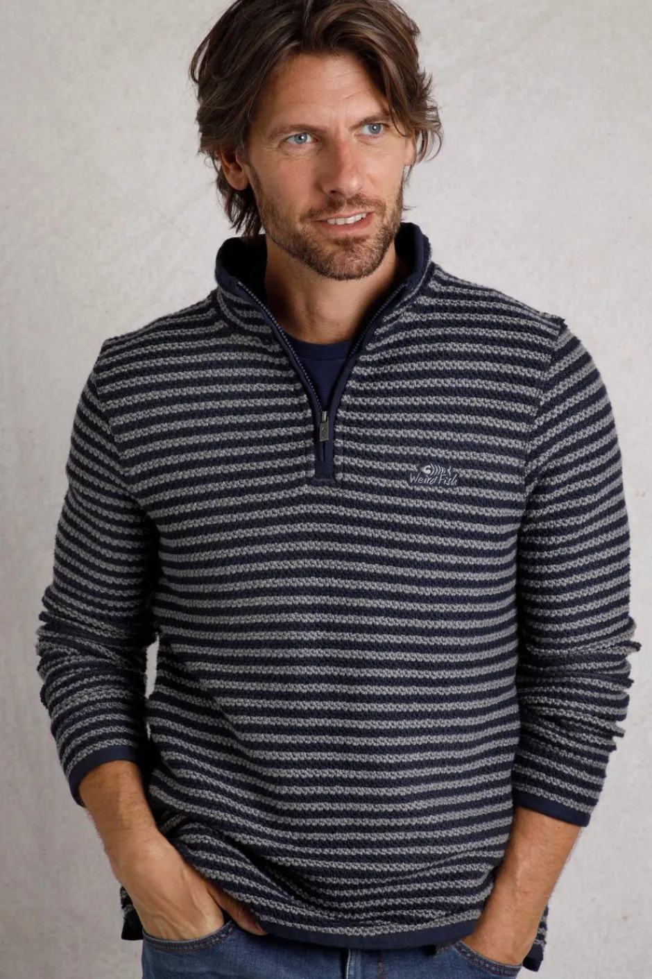 Weird Fish Sweatshirts & Hoodies|Shorling 1/4 Zip Stripe Eco Macaroni Frost Grey