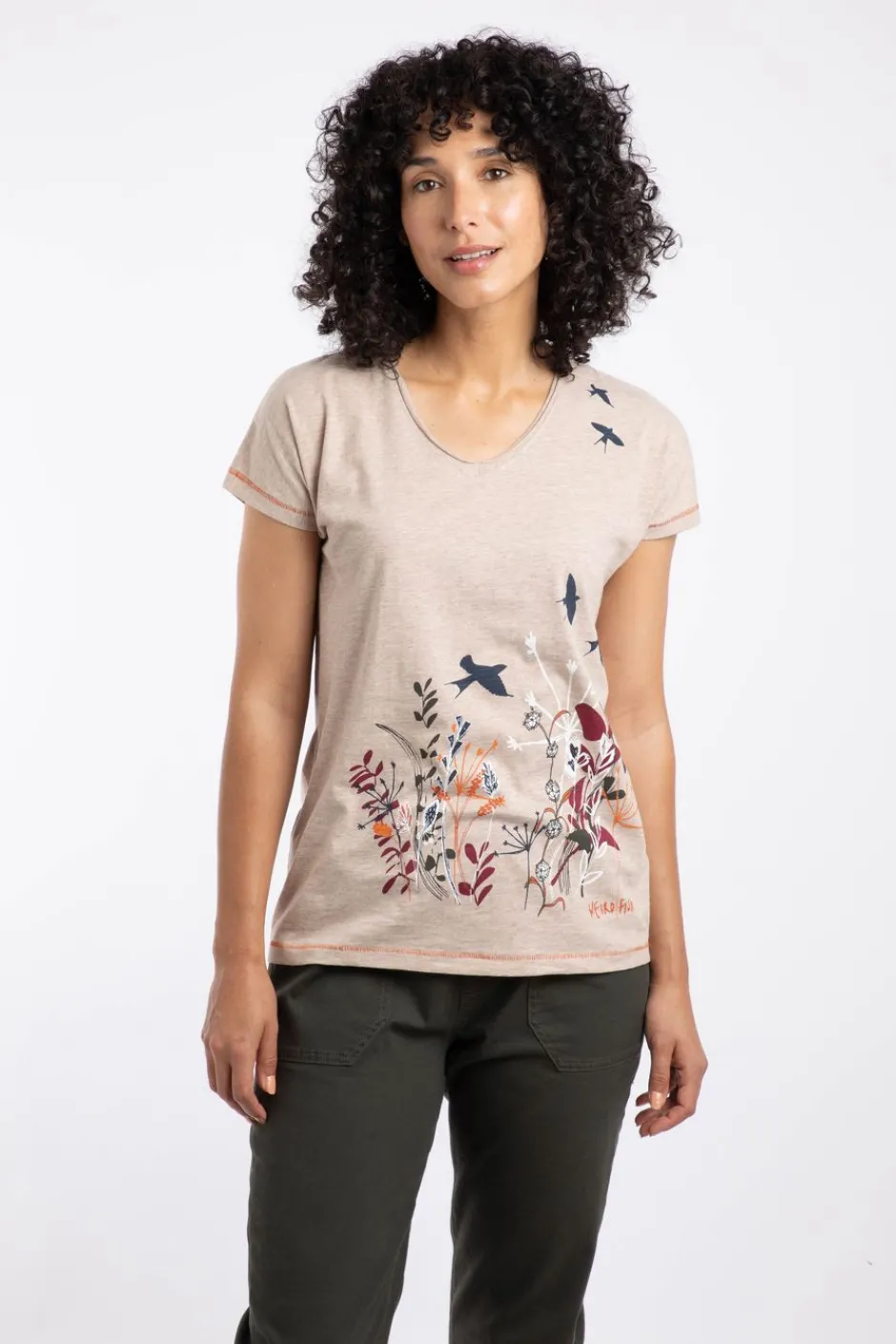 Weird Fish Tunics|Tops & T-Shirts|Swirling Swallows Organic Cotton Printed T-Shirt Sand Dune