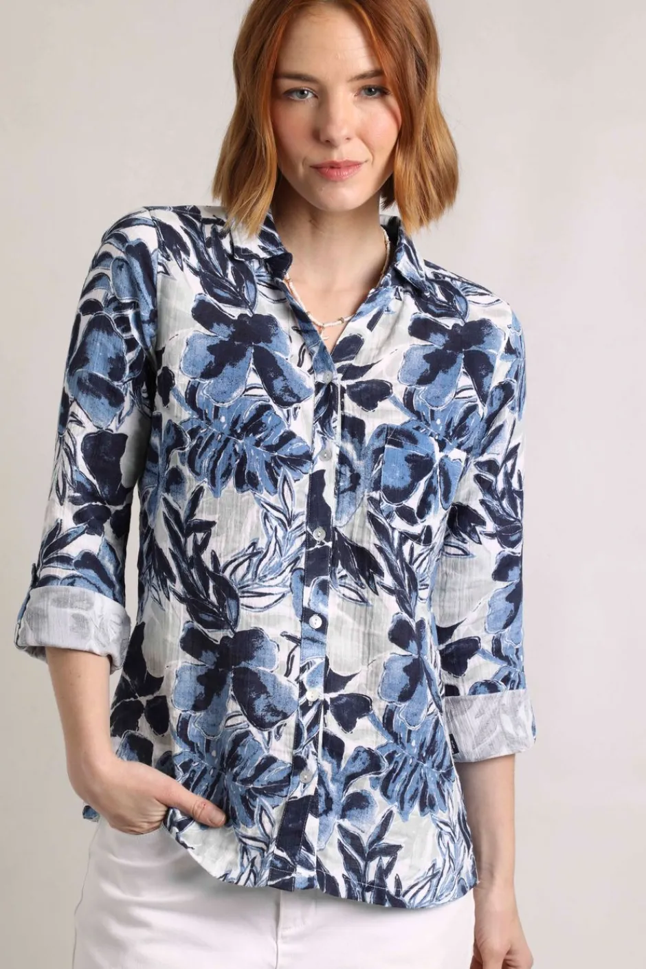 Weird Fish Shirts|Tunics|Syona Organic Cotton Double Cloth Printed Shirt Estate blue