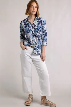 Weird Fish Shirts|Tunics|Syona Organic Cotton Double Cloth Printed Shirt Estate blue