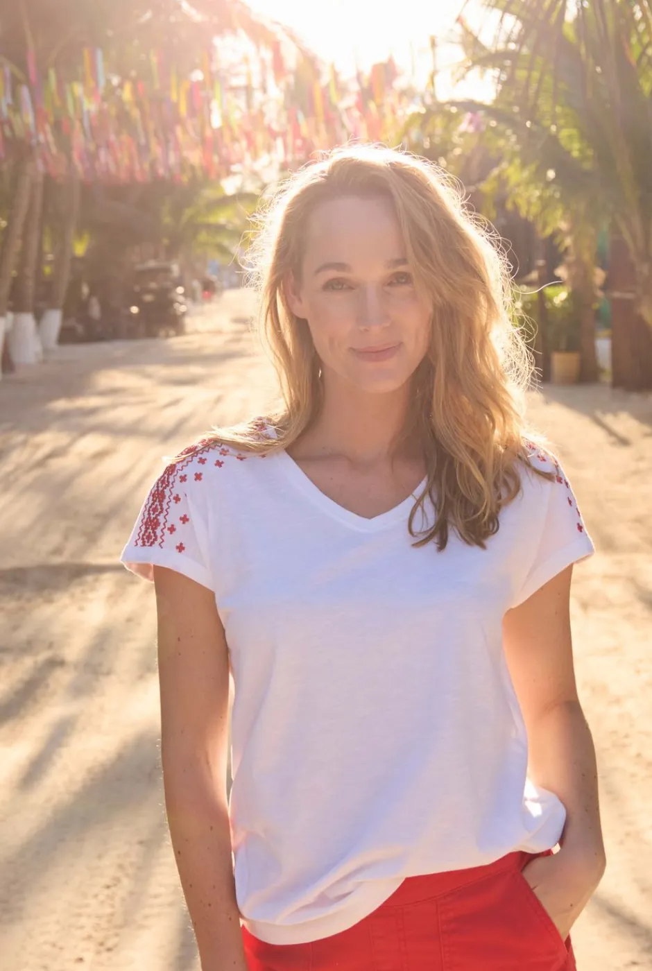 Weird Fish Tunics|Tops & T-Shirts|Tildare Organic Cotton Embroidered T-Shirt Crimson