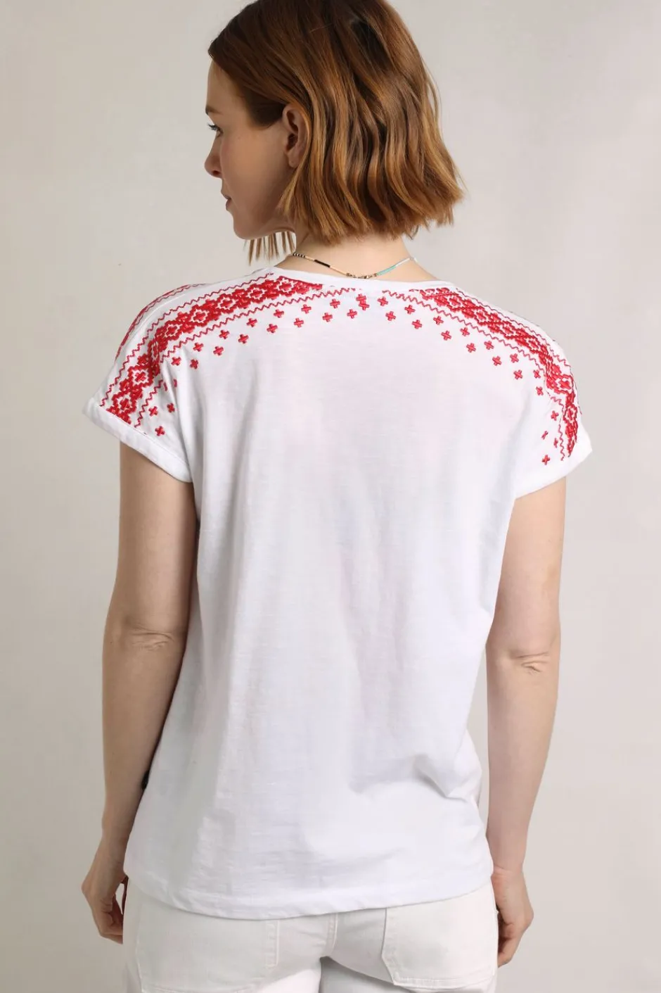 Weird Fish Tunics|Tops & T-Shirts|Tildare Organic Cotton Embroidered T-Shirt Crimson