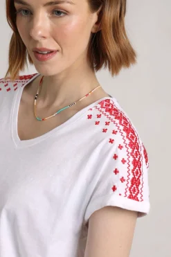 Weird Fish Tunics|Tops & T-Shirts|Tildare Organic Cotton Embroidered T-Shirt Crimson