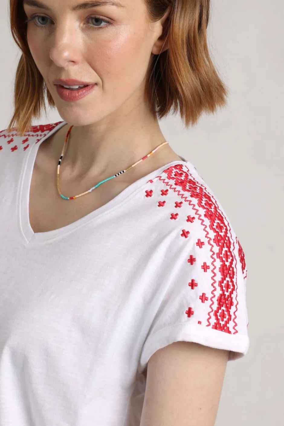 Weird Fish Tunics|Tops & T-Shirts|Tildare Organic Cotton Embroidered T-Shirt Crimson