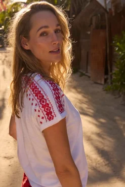 Weird Fish Tunics|Tops & T-Shirts|Tildare Organic Cotton Embroidered T-Shirt Crimson