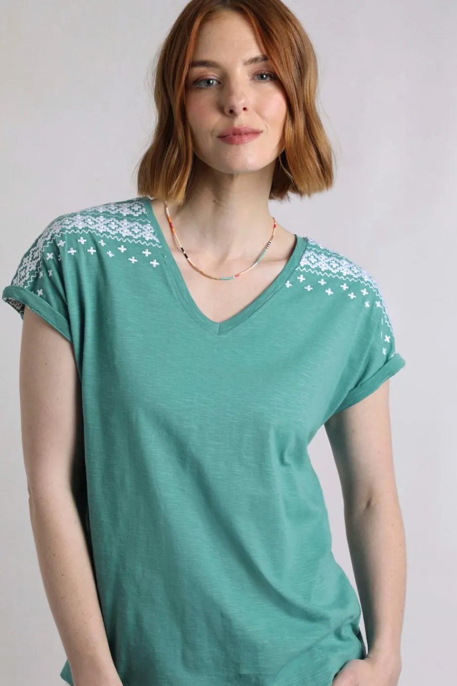 Weird Fish Tunics|Tops & T-Shirts|Tildare Organic Cotton Embroidered T-Shirt Viridis