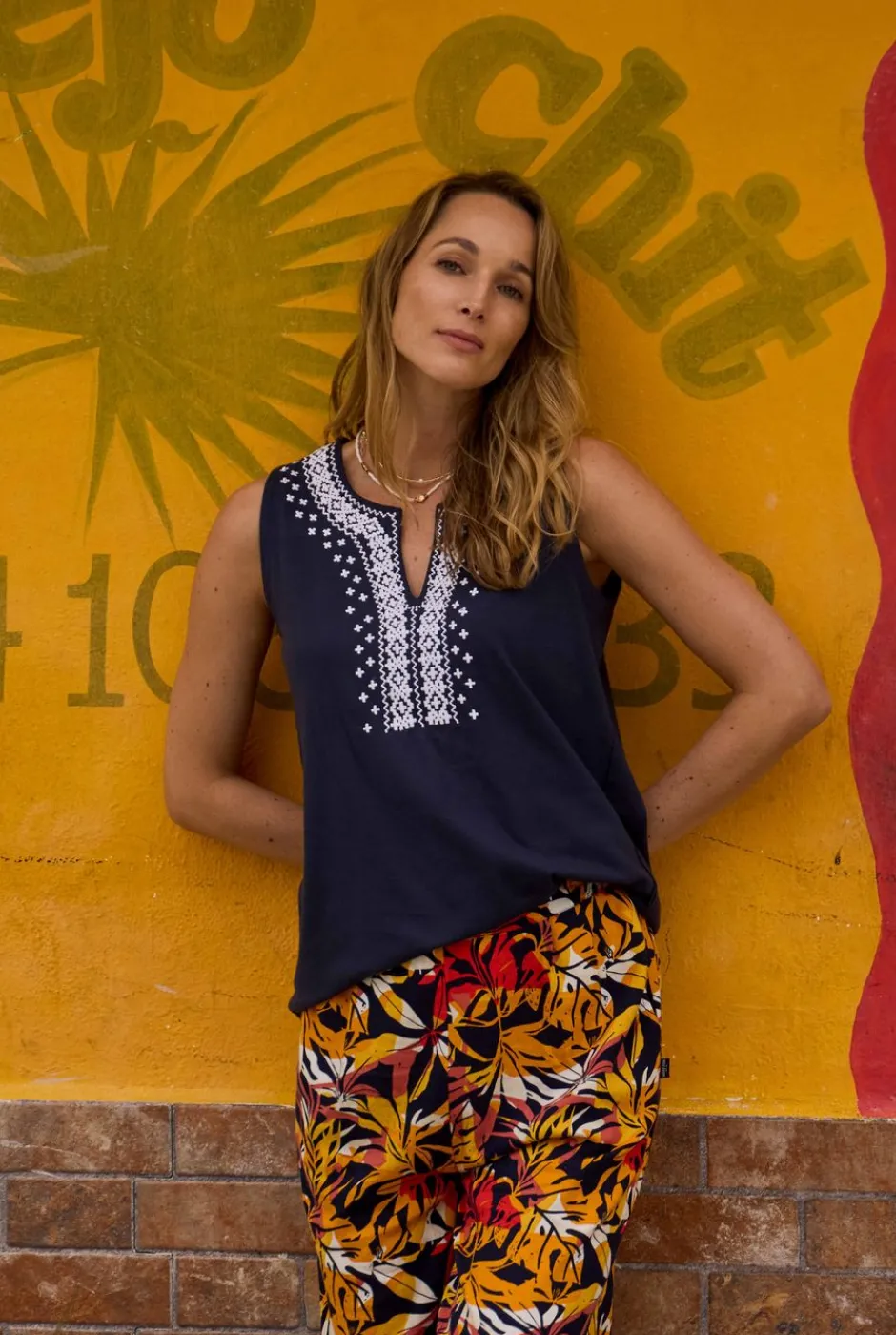 Weird Fish Tunics|Tops & T-Shirts|Tirtha Organic Cotton Embroidered Jersey Vest Navy