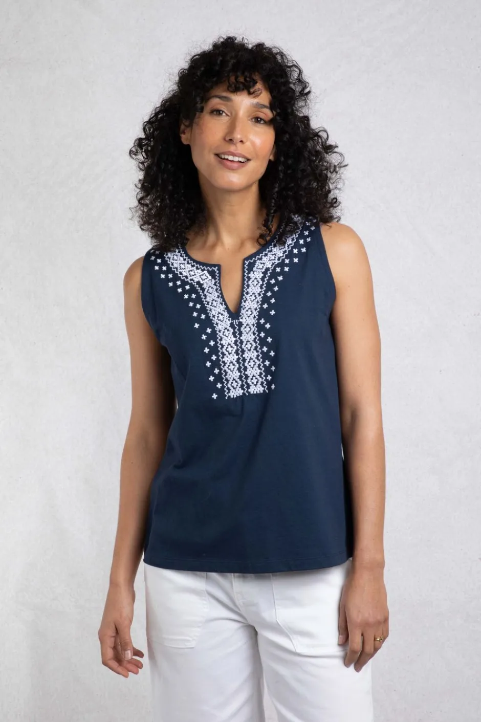 Weird Fish Tunics|Tops & T-Shirts|Tirtha Organic Cotton Embroidered Jersey Vest Navy