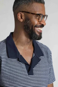 Weird Fish Polo & Rugby Shirts|Virgil Organic Cotton Striped Polo Shirt Navy
